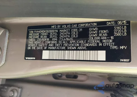 2016 Volvo Xc60 T5 Drive-E Premier z USA, uszkodzony, nr VIN YV440MDK0G2806114